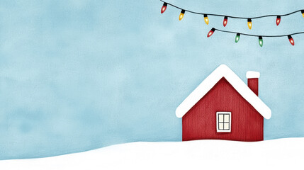Naklejka premium Red house with snow on roof, winter landscape, festive holiday lights, crayon illustration, cheerful and cozy scene