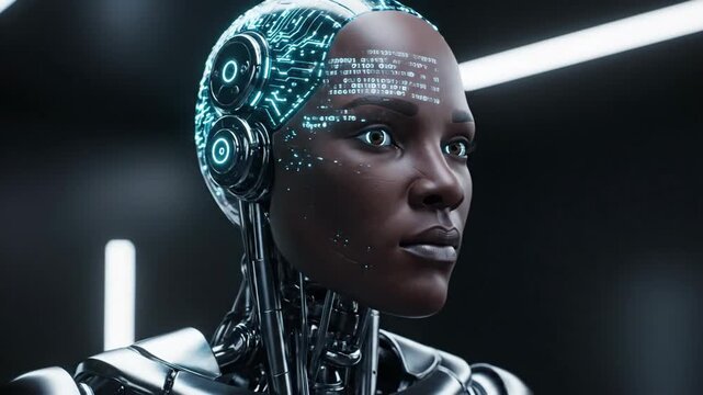Close-up of a humanoid robot face with glowing blue circuit details and metallic mechanical neck