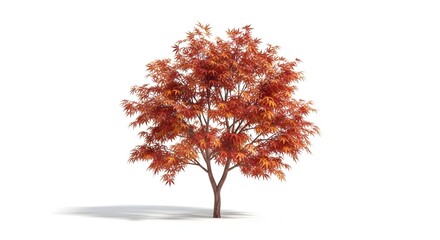 Fototapeta premium Autumn maple tree with red-orange leaves isolated with shadow on a white background.