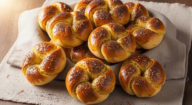 Delicious homemade challah bread rolls with poppy seeds on a rustic cloth, a traditional jewish braided bread for sabbath and holidays