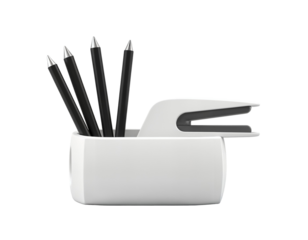 White Desk Organizer with Black Pens and Stapler