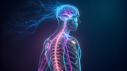 Human nervous system with brain and spinal cord glowing