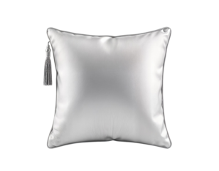 Elegant Silver Satin Cushion with Tassel on Transparent Background