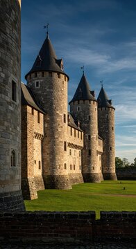A arquitetura hist?rica de uma fortaleza antiga. Um castelo europeu imponente com muitas torres e muralhas de pedra ,ru?nas ,panorama ,castelo