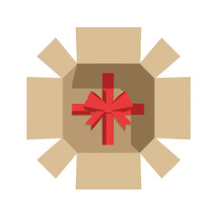 Open cardboard gift box with red ribbon