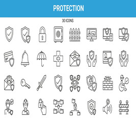 Illustration of protection and security line icons set 30 symbols for safety, privacy, data, and network defense, isolated on white background