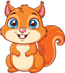 Cute cartoon squirrel character, orange fur, big blue eyes, smiling animal mascot, children illustration, vector art, playful design, educational media