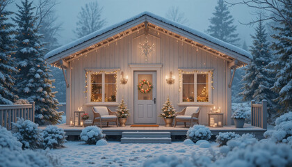 Cozy wooden cabin adorned with festive lights and wreath sits in snowy forest, creating warm and inviting holiday atmosphere. Snow covered trees surround cabin, enhancing winter wonderland scene