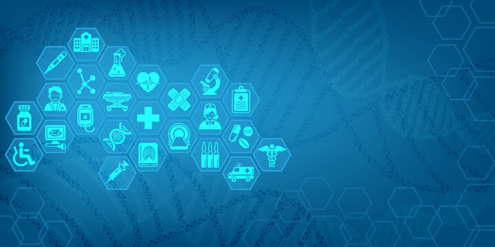 Medical background and healthcare abstract technology with flat icons. Design template of concept for hospital, health care business, innovation medicine, science. Vector illustration.