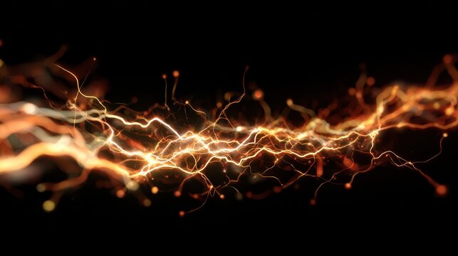 Abstract glowing orange energy tendrils with scattered particles on a black background abstract background