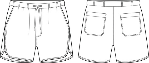 Elastic waistband shorts flat sketch, fashion design vector template, garment CAD drawing, clothing blueprint illustration, sporty casual shorts outline, cad drawing flat vector illustration