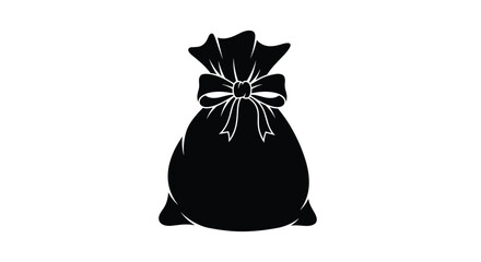 A black silhouette of a classic gift bag or money sack, tightly tied with a decorative bow, isolated on a white background.