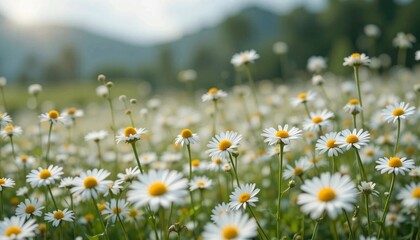 Fototapeta premium Chamomile field flowers border. Beautiful nature scene