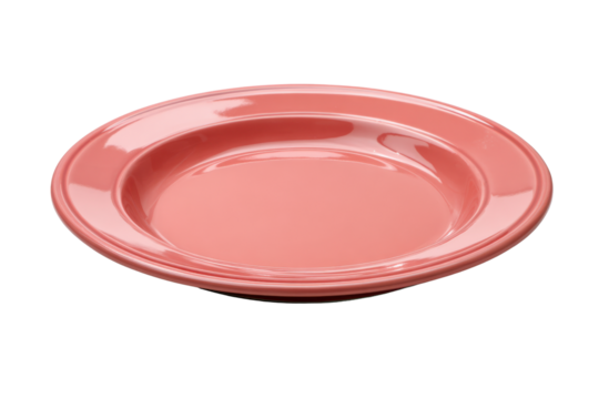 Single coral pink ceramic plate with rim on black background dish, Isolated On White Background, Png Transparent