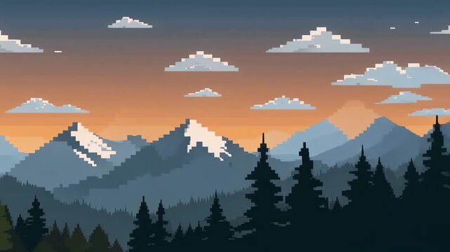 Pixel-art mountain scene at dusk with soft clouds and forest silhouettes.