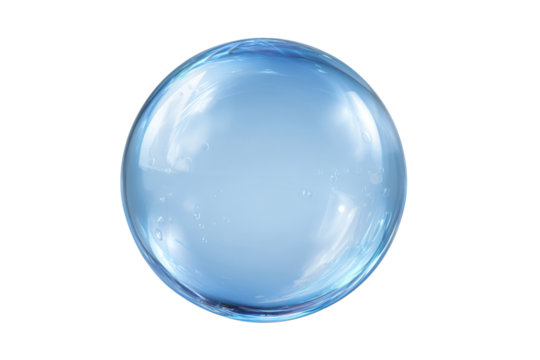 Single transparent blue water bubble with small air bubbles inside liquid sphere, Isolated On White Background, Png Transparent
