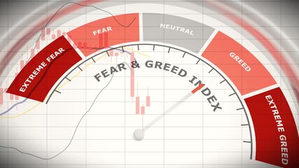 An animated stock market Fear and Greed Index measuring device with arrow and scale showing the five stages: extreme fear, fear, neutral, greed, and extreme greed.