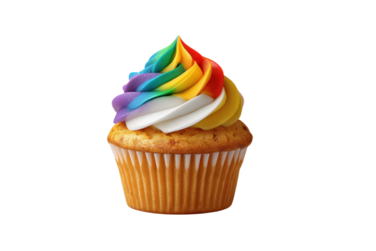 Single cupcake with rainbow swirl frosting on black background image, Isolated On White Background, Png Transparent