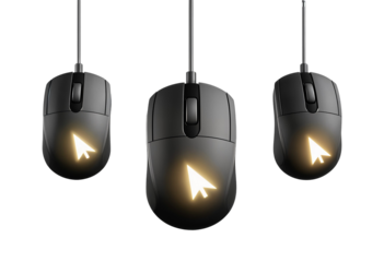 Three Computer Mice with Glowing Cursor Icons on Transparent Background