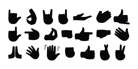Hand Gesture Icons Pack. Black Silhouette Vector Set. Minimalist Hand Signs Vector Collection Solid Silhouette Icons