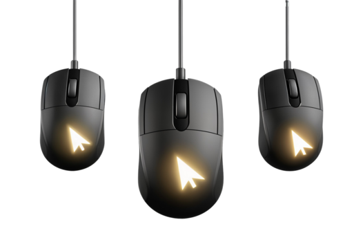 Three Computer Mice with Glowing Cursor Icons on Transparent Background