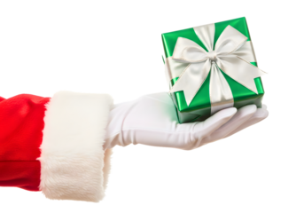 Santa claus hand holding a green and white striped gift box