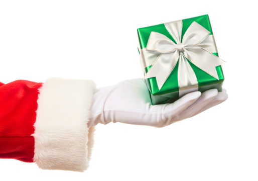 Santa claus hand holding a green and white striped gift box