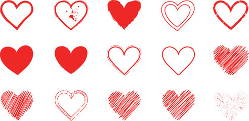 Red Grunge Hearts Set Sketch Outline Solid Love Symbol Doodle Icons