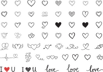 Hand Drawn Heart Icons Set Doodle Love Symbols, Sketched, and Calligraphy Text Collection