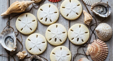 Sand dollar cookies with powdered sugar and seashells on a rustic wooden background, a delightful treat for a beach themed party
