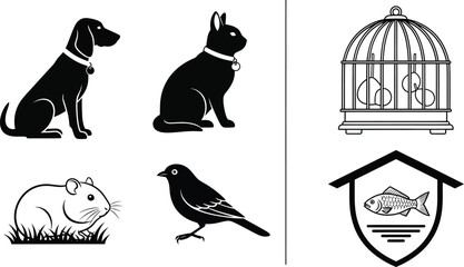 Pet animal vector illustration set dog cat bird fish hamster cage icon eps silhouette