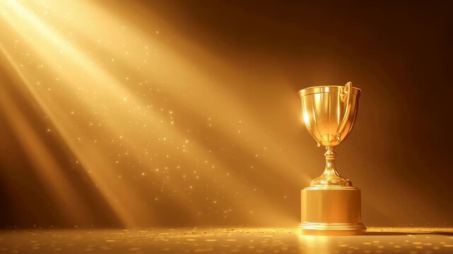 Gold luxury trophy shining with sweep angle in spotlight.Victory and goal success concepts