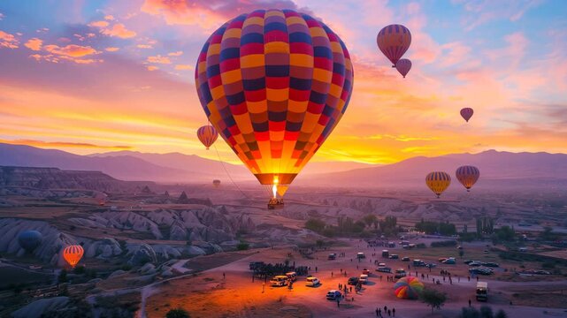 Spectacular hot air balloons soaring over the unique rock formations of cappadocia at a vibrant sunrise 4k video