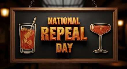National Repeal Day 3D Wooden Sign in a Bar Setting, December 5th Celebration of Prohibition End with Cocktail and Margarita Glass.