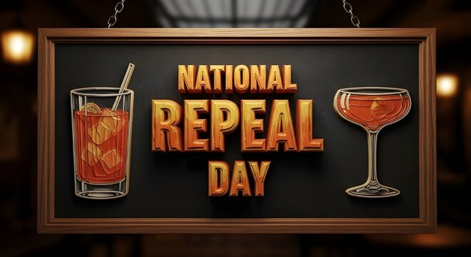 National Repeal Day 3D Wooden Sign in a Bar Setting, December 5th Celebration of Prohibition End with Cocktail and Margarita Glass. - Powered by Adobe