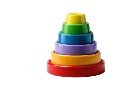 Stacked colorful plastic rings forming a pyramid on black background stacking, Isolated On White Background, Png Transparent