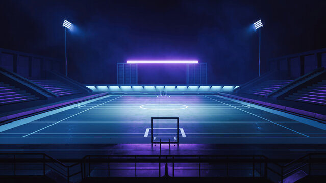 A futuristic, neon-lit sports arena at night with a goal and empty stands, glowing purple and blue. - Powered by Adobe