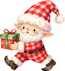 Watercolor Cheerful Santa Elf Holding Gift Box Christmas Celebration Character