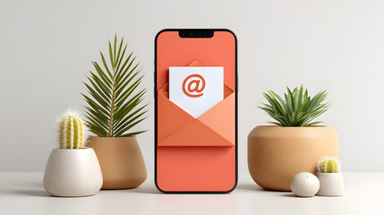 A modern phone displays an email notification, surrounded by indoor plants, symbolizing communication and technology