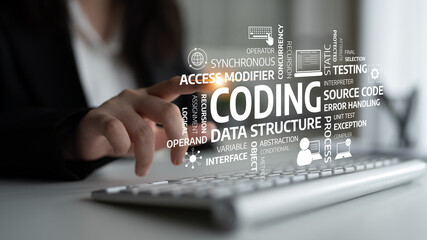 A focused hand reaching towards a keyboard, with abstract coding keywords surrounding it, representing modern technology and programming concepts in a visually engaging manner. Tessel
