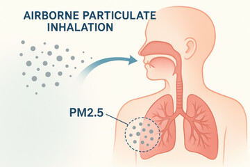 Medical diagram showing airborne particulate inhalation, illustrating how PM2.5 pollution enters human respiratory system and lungs, highlighting serious health concern