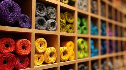 Fototapeta premium Colorful Rolls of Thread Displayed in Wooden Shelves at Craft Store, Creating a Vibrant and Creative Atmosphere