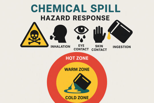 Chemical spill hazard response infographic details serious exposure risks. Safety icons and modern layout show hot, warm, and cold zones for workplace accident prevention and protection