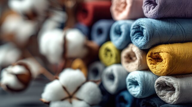 Vibrant Rolled Fabric Textiles and Cotton Bolls on Soft Background for Sewing and Crafting Projects