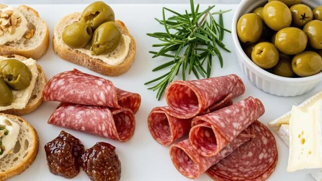 Assortment of appetizers and ingredients on a white surface for culinary preparation