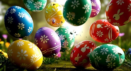 Exploding Easter Eggs with Floral and Bunny Designs in a Spring