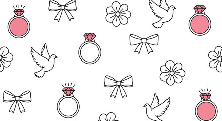 Wedding pattern seamless background with rings doves and flowers