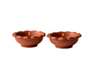 Two terracotta diyas with flickering flames on black background clay lamp, Isolated On White Background, Png Transparent