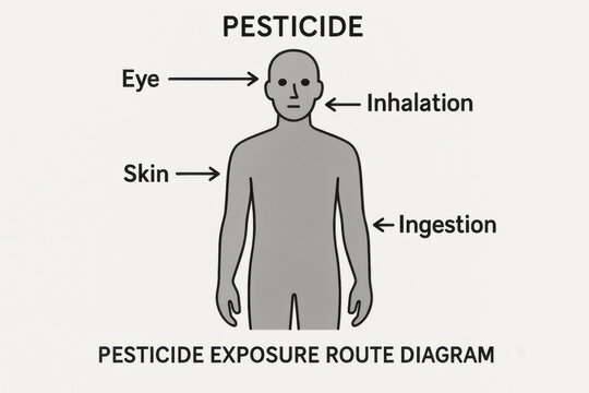 Pesticide exposure route diagram with human silhouette, cautionary infographic showing chemical danger. Entry points labeled include eye, skin, inhalation, and ingestion