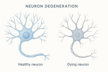 Neuroscience illustration of neuron degeneration showing comparison. healthy blue neuron with branching dendrites contrasts fading gray dying neuron in this medical diagram